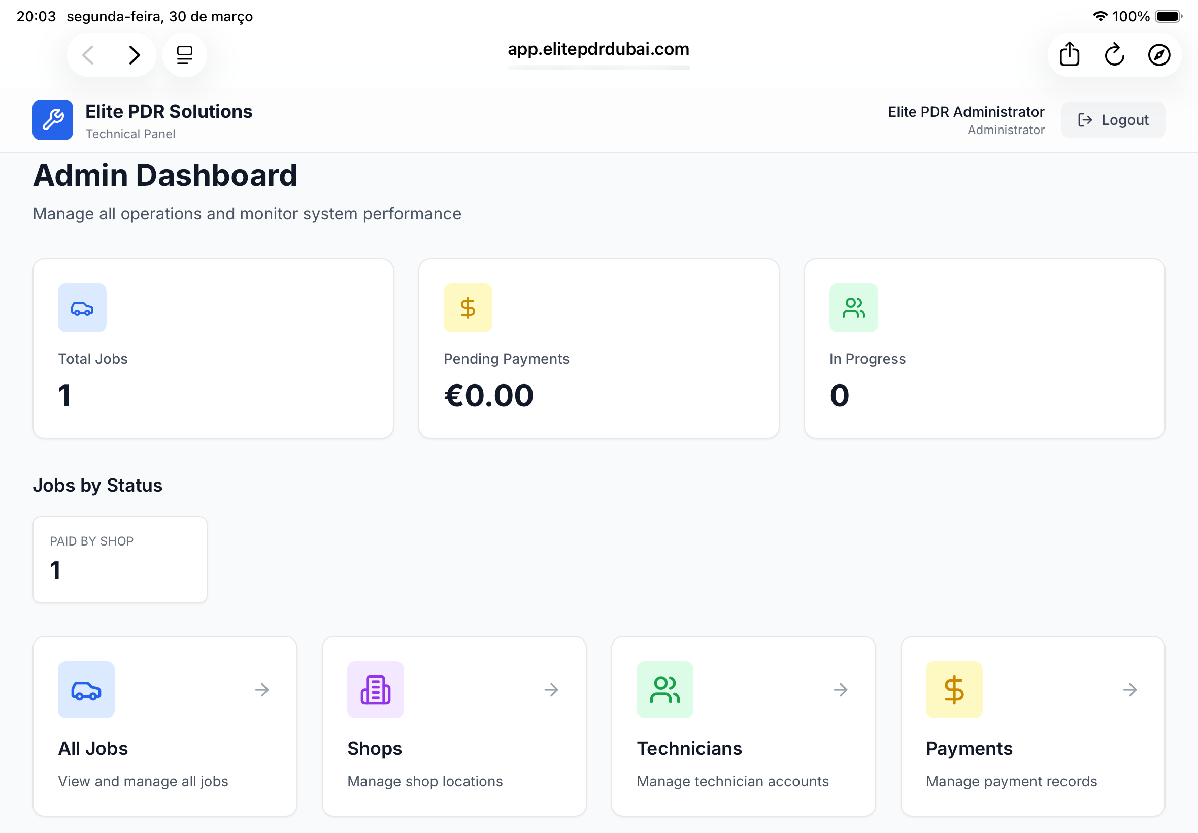 Elite PDR Admin dashboard showing team management and analytics