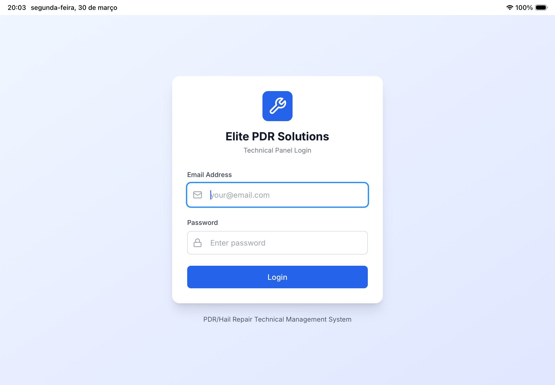 Elite PDR Technician Management App login interface